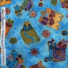 Laurel Burch Fantastic Felines Fabric Clothworks OOP Metallic Blue Cats Quilting
