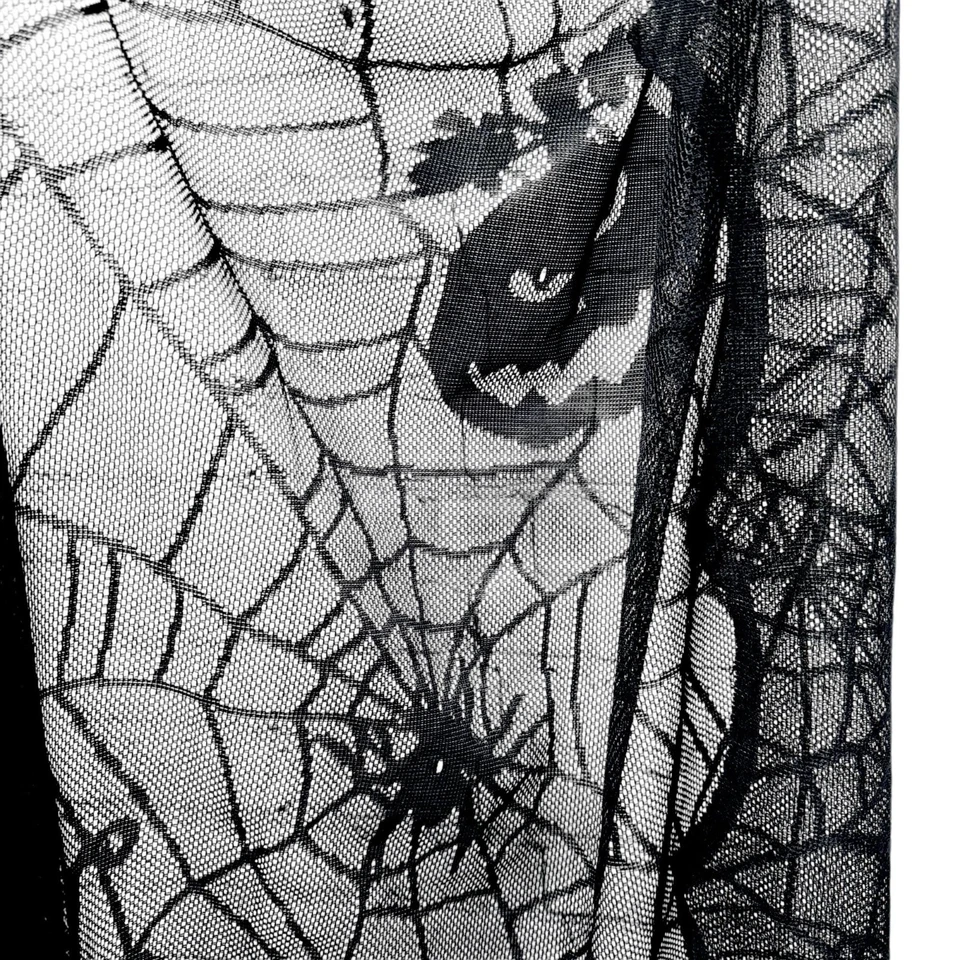 Par de cortinas de Halloween malla negra tela de araña murciélagos bruja calabaza 80" de largo espeluznante Foto 2 de 4