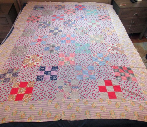Vintage Hand Pieced Feedsack Patchwork Quilt Top Topper nine patch 60 x 85