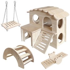 Hamster Maze Double-Decker Wood House, Seesaw Toy, Bridge and Swing for Dwarf...