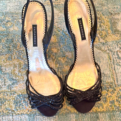 Caparros Women's Black Silk Beaded Open Toe Stiletto Slingback Heels 12 B