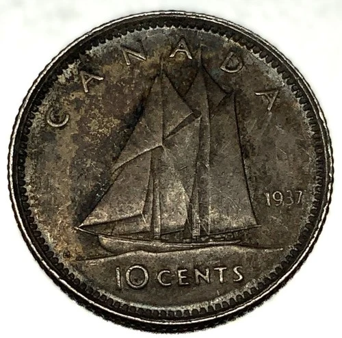 1937 Canada Ten 10 Cent Silver Dime Canadian George VI Toned 1st year -2355