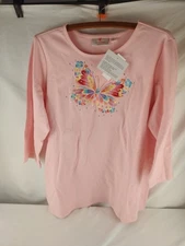 Quacker Factory Butterfly Embroidered 3/4-Sleeve Top- Pink