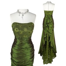 Vintage Olive Green Beaded Strapless Prom Dress Lace Ruffle Maxi Evening Gown