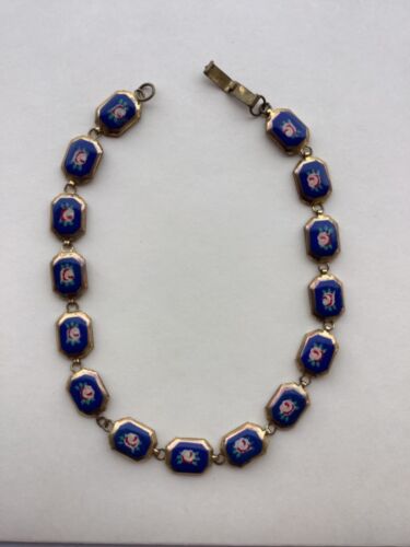 Lovely vintage enamel blue flower, brass necklace,