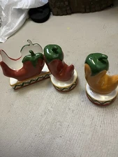 Clay Art Ceramic Chili Pepper Salt Pepper Shakers Napkin Holder VTG Lot of 3
