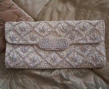 Vintage RICHERE BAG WALBORG HONG KONG Clutch Purse BEADED SEQUIN White - As Is