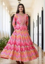 Women Indian Anarkali Kurta; Pink Ethnic Embroidered mirror work Anarkali Gown.