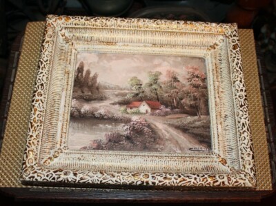 Vintage Oil Painting Nu Mold Creations Country House Trees Water Signed Collazi 