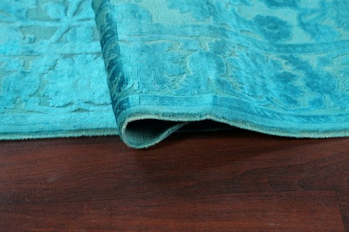 Alfombra de área tallada en tinte vegetal Aqua Oushak-Chobi nivel bucle pila anudada a mano 5x7 - Imagen 11 de 12