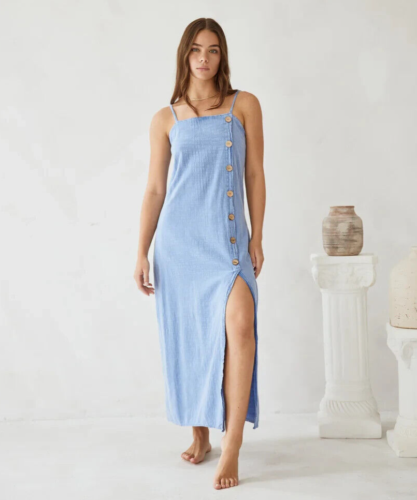 Blanco By Nature Malia Dress Size 2XL Blue Denim Chambray High Leg Split