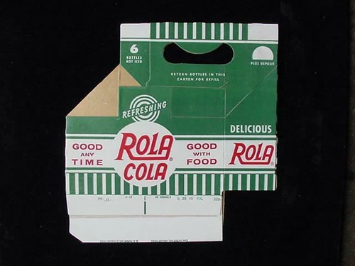 VINTAGE 1950'S ROLA COLA SODA POP CARDBOARD CARRIER 6 PACK CARTON UNUSED COND.