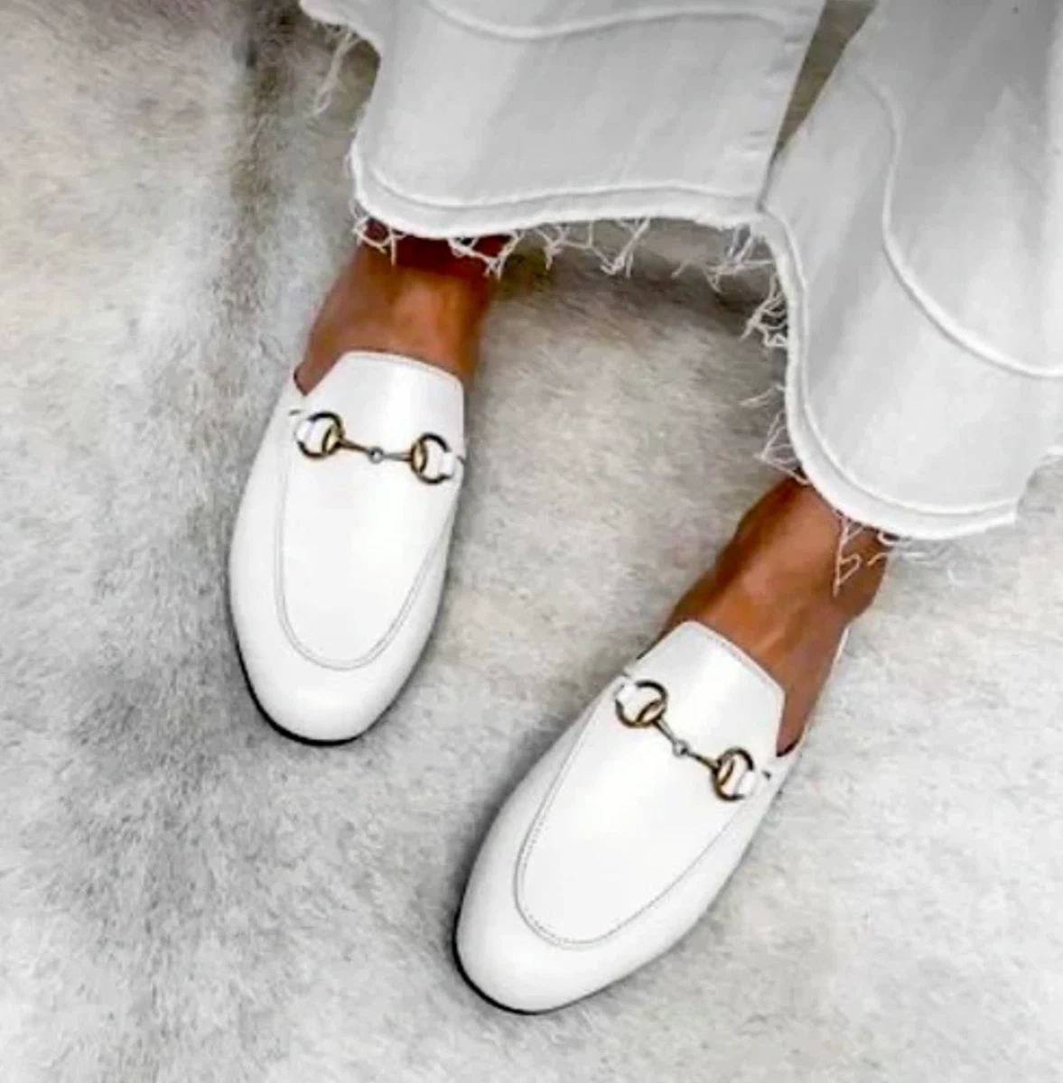 GUCCI Princetown Eggshell White Leather Blogger Horsebit Accent