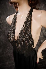 Vintage Glydon's Hollywood Nightgown Long Black Nylon Lace Chest Halter Top Med