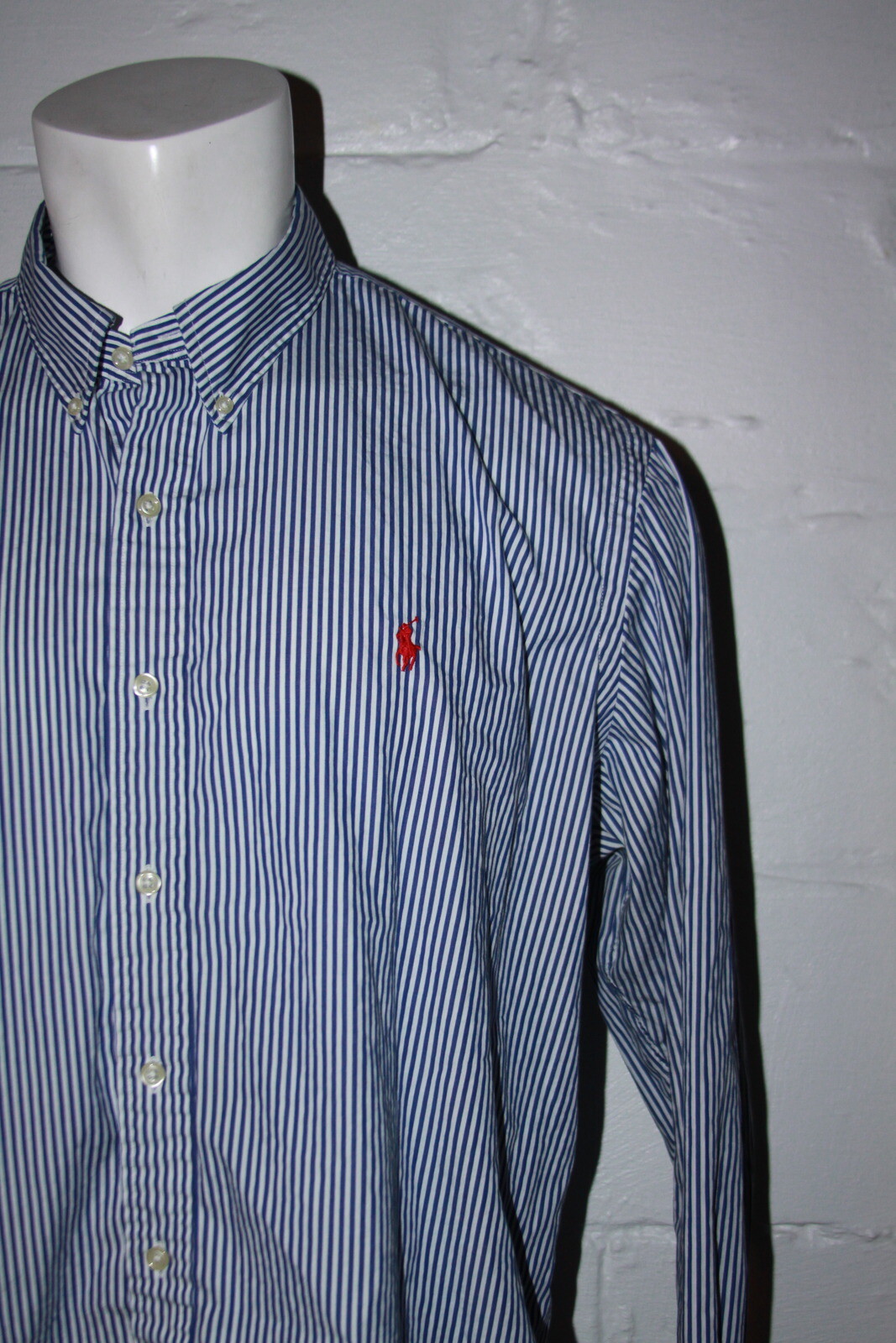 PONY Polo Ralph Lauren blu a righe rosse con bottoni a cavallo davanti camicia casual usata in ottime condizioni taglia XXL