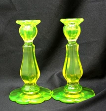 2 Mosser Vaseline / Uranium Glass Candle Holder Petal Glows in Near Mint Cond.