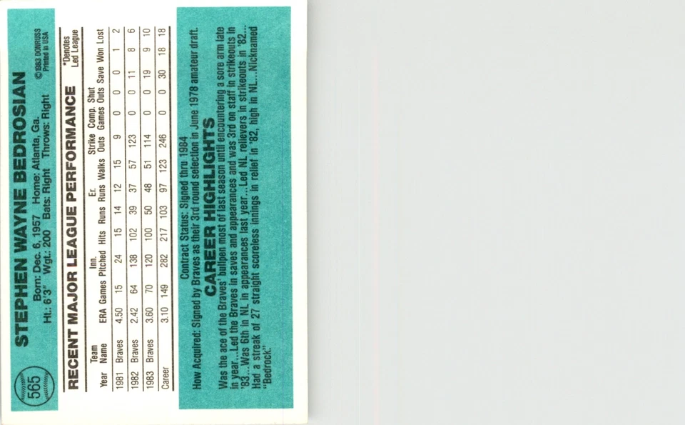 1984 DONRUSS STEVE BEDROSIAN ATLANTA BRAVES #565 - Image 2 of 2