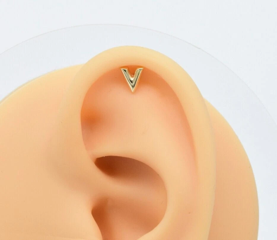 14K Solid Gold V Initial Shape Nose Piercings Barbell For Women 18 Gauge. - Image 3 of 4