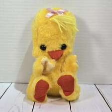 Juguete de peluche Russ Berrie Yellow Chick 1975 vintage hilo pelo rosa moño 7,5"