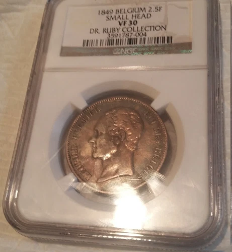 Rare 1849 sm.head Belgium 2.5 Francs NGC VF 30