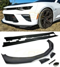 For 16-Up Camaro SS LT RS ZL1 1LE Style Front Lip Splitter & Side Skirts Black