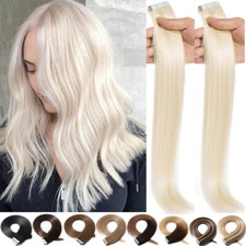 THICK Tape In Remy Human Hair Extensions Skin Weft Full Head Platinum Blonde 16"