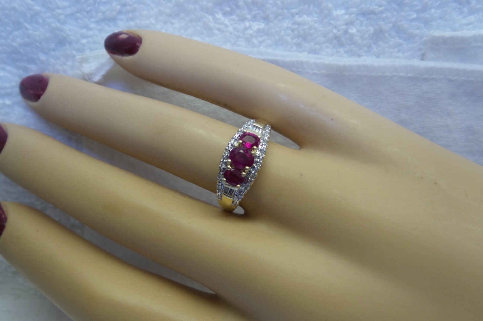 Fine Solid 14kt Genuine 3 Ruby Ring with Natural … - image 4