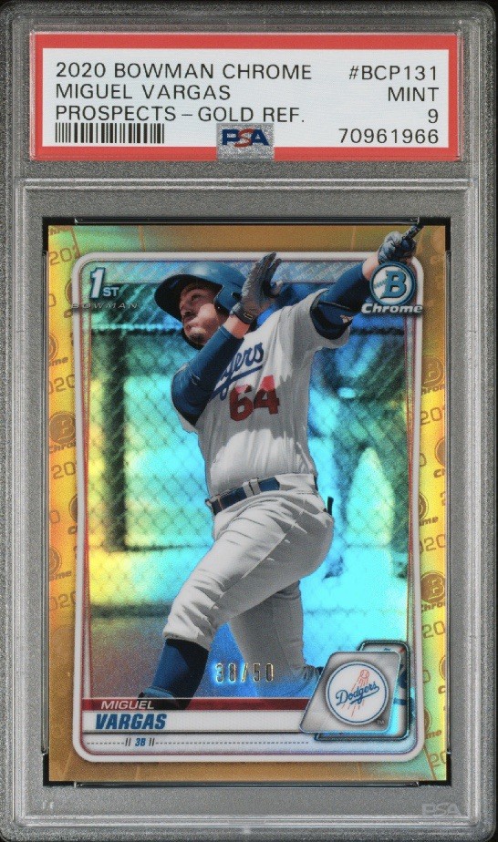 MIGUEL VARGAS 2020 BOWMAN CHROME #BCP131 - 1st TRUE GOLD REFRACTOR /50 PSA 9