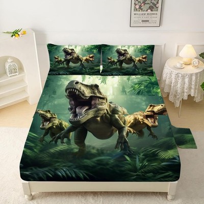 Vtkon Dinosaurs Bed Sheets Full Boys Kids 3D Realistic Dinosaur Green Fitted
