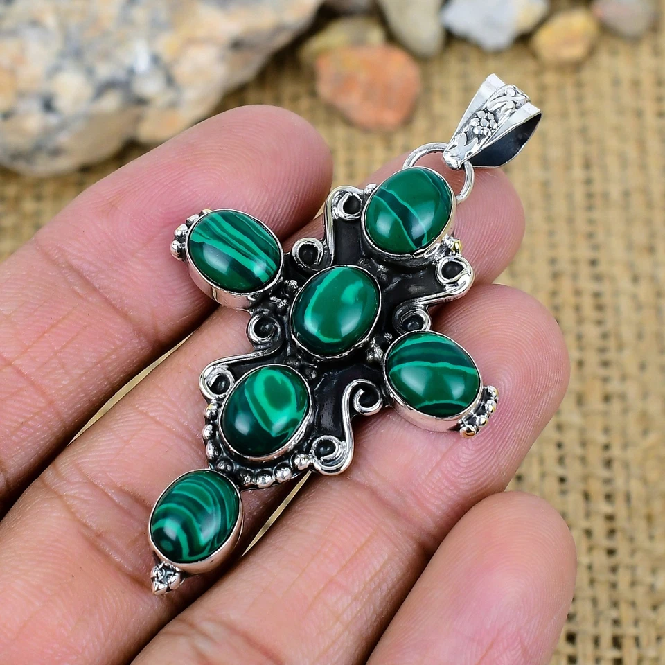 Malachite Gemstone 925 Solid Silver Handmade Jewelry Cross Pendant New Year Gift - Image 3 of 4