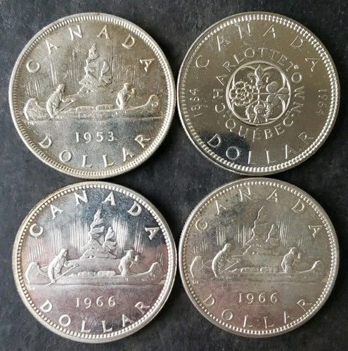 1953, 1964, 1966, and 1966 Canada $1 Silver Dollars