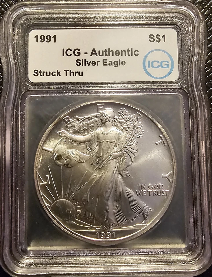1991 American Silver Eagle Struck Thru Authentic ICG  - Image 3 of 4