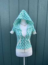 VINTAGE ULTRA RARE Juicy Couture Terry Cloth Short Sleeve Hooded Zip Up Teal