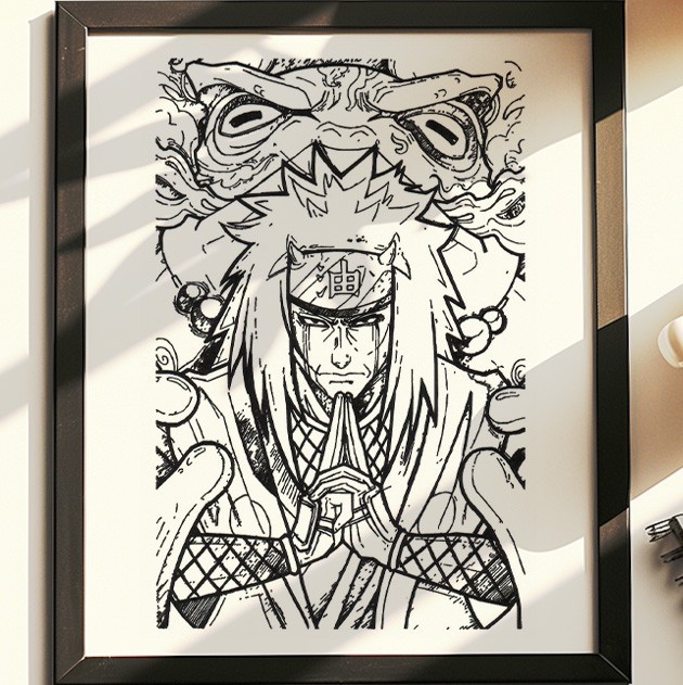 Hand Drawn (Not a Print) Naruto Jiraiya Framed Pen & Ink Art Drawing