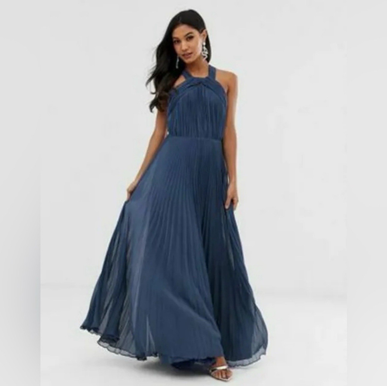 ASOS Pleated Textured Embroidered Midi Dress Navy, Size 2