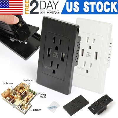 Dual USB Wall Outlet Charger Port Socket with 15A Electrical Receptacle AC Power