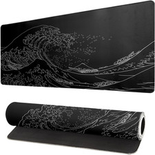 Japanese Sea Wave Large Mouse Pad, Anime Black Gaming, Extended Kanagawa Mat Des