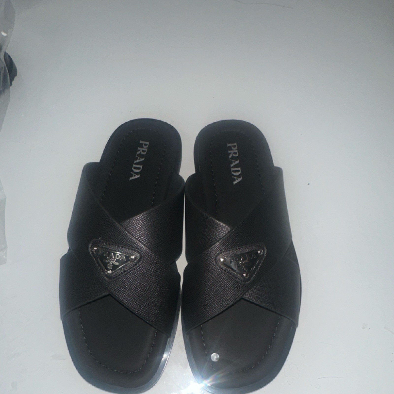 Prada Slide Men's Black Logo Solid Slip-On Sandals Rubber EU Size 45