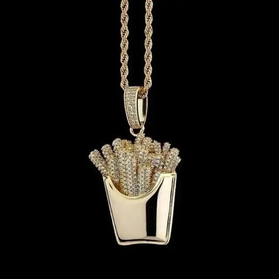 Moissanite 1.90Ct Round Cut Women's Unique Fries Pendant 14K Yellow Gold Plated