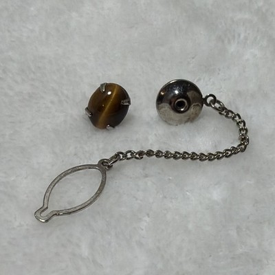 Tiger's Eye Tie Tack with Chain Silver Tone Brown Round Stone Men's 2 in