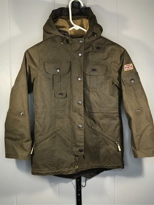 YOUTH Barbour Winter Force Parka Hooded Waxed Canvas Sherpa Jacket Sz MD 8/9