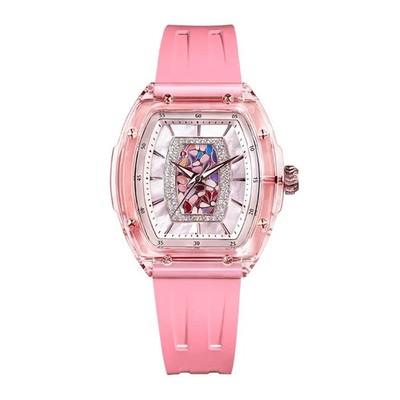 Tsar Bomba Women Pink Quartz Watch Tonneau Crystal Silicone Strap Model TB8219L-