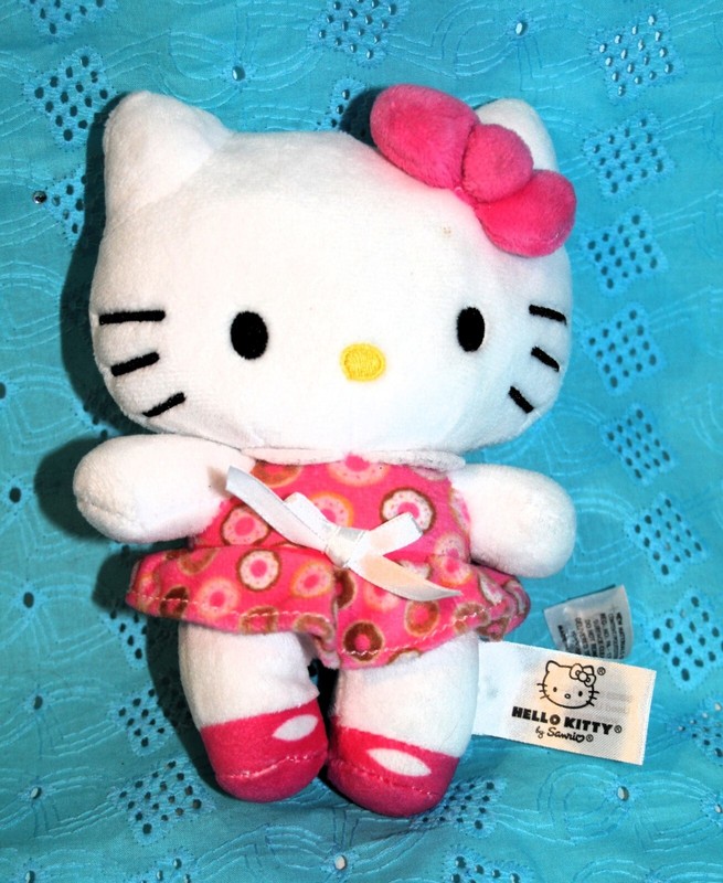 HELLO KITTY by SANRIO 6" Plush DOLL in Pink DONUT Print DRESS Bow & SHOES