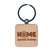 Home Sweet Home Cute Summer Sunflower Engraved Wood Square Keychain Tag Charm