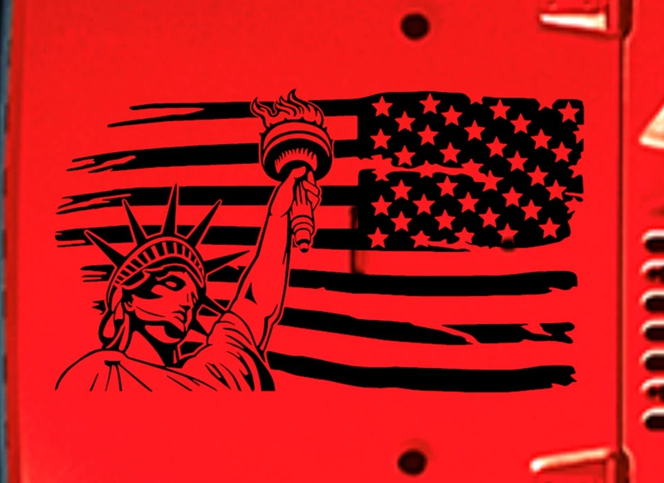 ESTATUA DE LA LIBERTAD EE. UU. Bandera capó puerta vinilo calcomanía rayas carreras (se adapta a Jeep) Foto 4 de 4