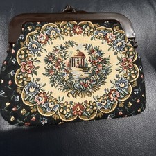 Vintage Tapestry Clutch, Brown Bakelite Snap Close, La Tegal LTD, Hong Kong