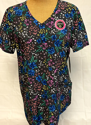 NWT Womens Dark Gray Flower Print Stretch Scrubstar Scrub Top Shirt- Size Medium