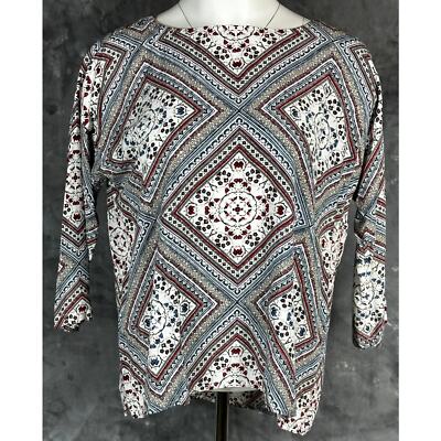 その他 M J Jill Diamond Print Women's 3/4 Sleeve Rear Button Top sz M