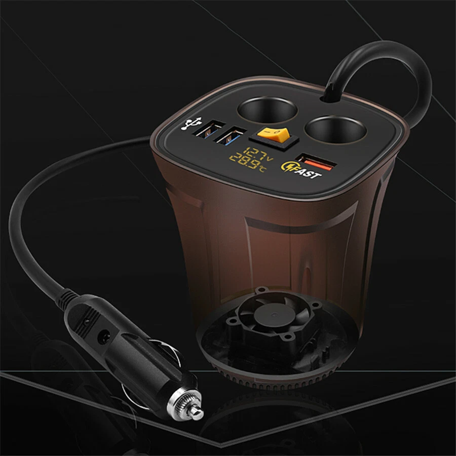 Voltímetro encendedor de cigarrillos multipuertos cargador rápido USB para automóvil con luz amarilla 12V Foto 3 de 4