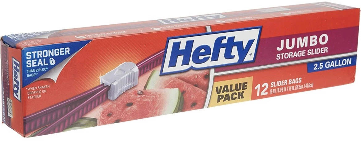 Hefty Slider Stronger u0026 Seal Jumbo Storage Bags, 2.5 Gallon Size, 12 Count  | eBay